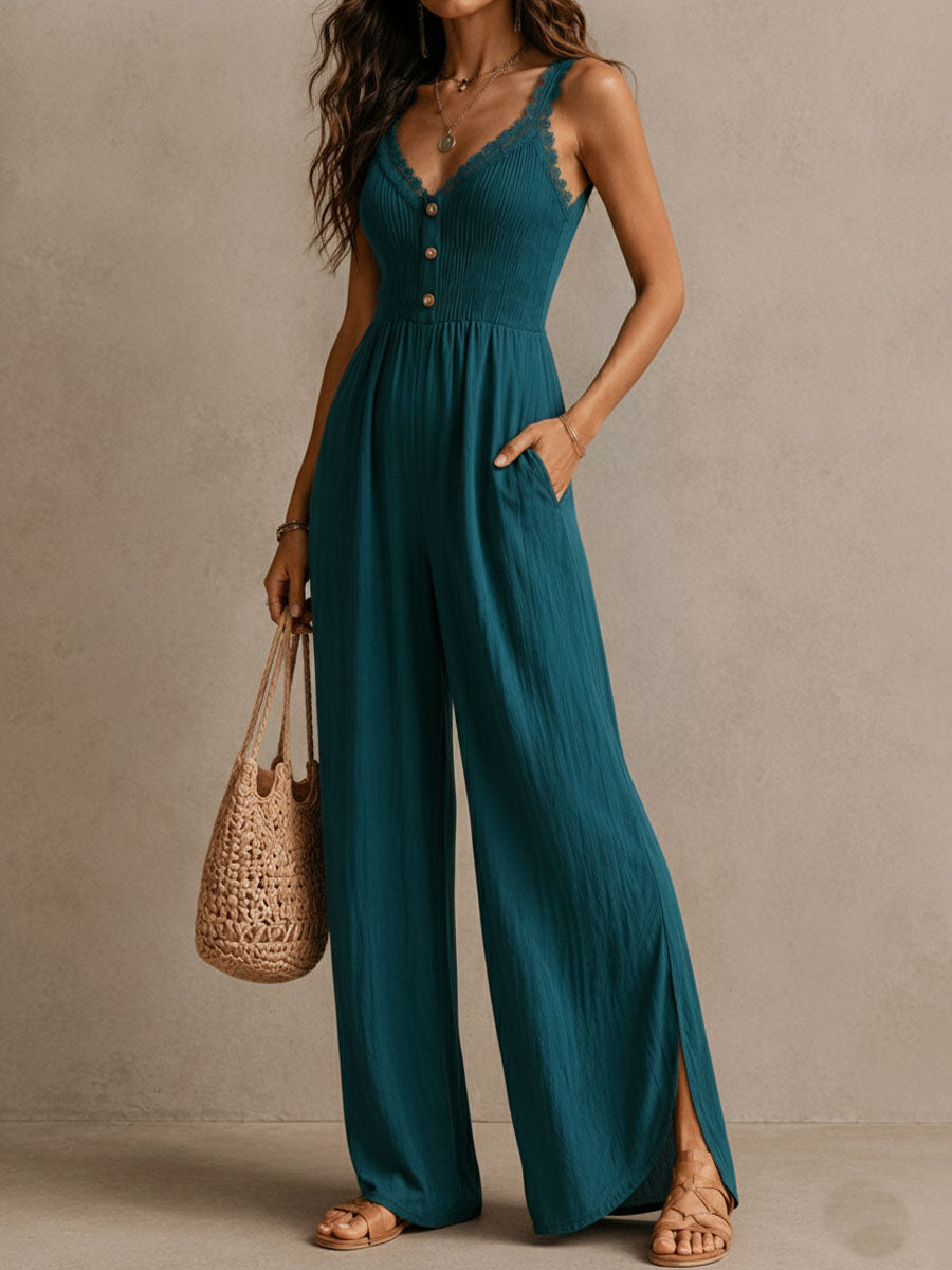 Boho Teal Lace-Trimmed Wide-Leg Jumpsuit