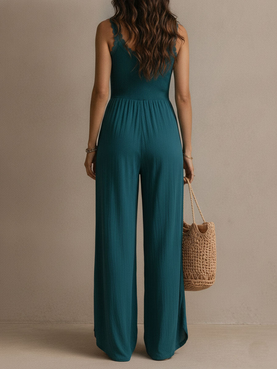 Boho Teal Lace-Trimmed Wide-Leg Jumpsuit