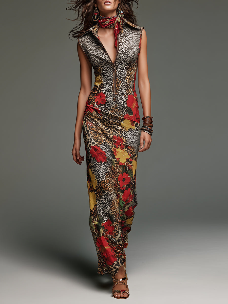 Bohemian Leopard Print Floral Stand-collar Slim-fit Maxi Dress