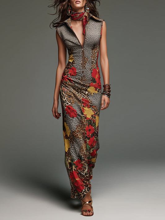 Bohemian Leopard Print Floral Stand-collar Slim-fit Maxi Dress