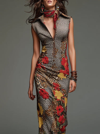 Bohemian Leopard Print Floral Stand-collar Slim-fit Maxi Dress