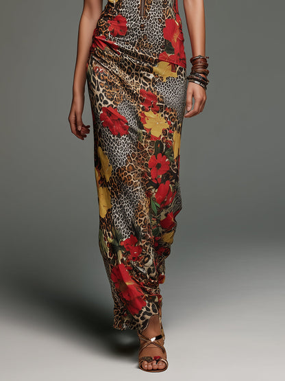Bohemian Leopard Print Floral Stand-collar Slim-fit Maxi Dress