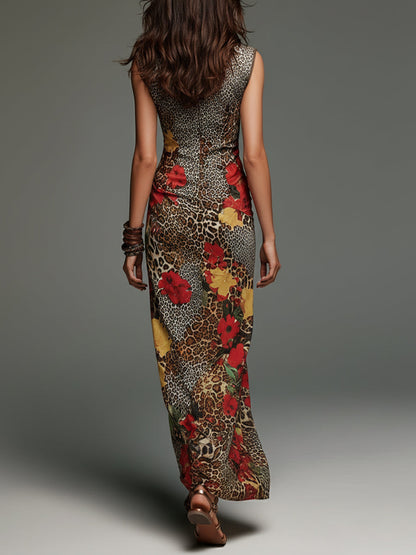 Bohemian Leopard Print Floral Stand-collar Slim-fit Maxi Dress