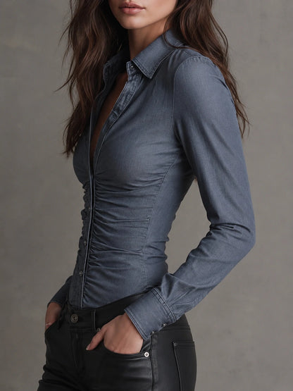 Pure Cotton Denim Fitted Shirt With Ruched Waist