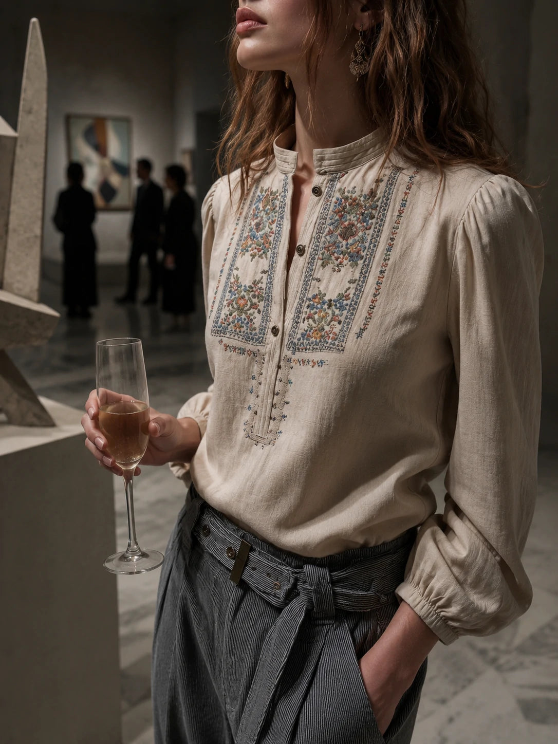 Vintage Embroidered Boho Linen Blouse