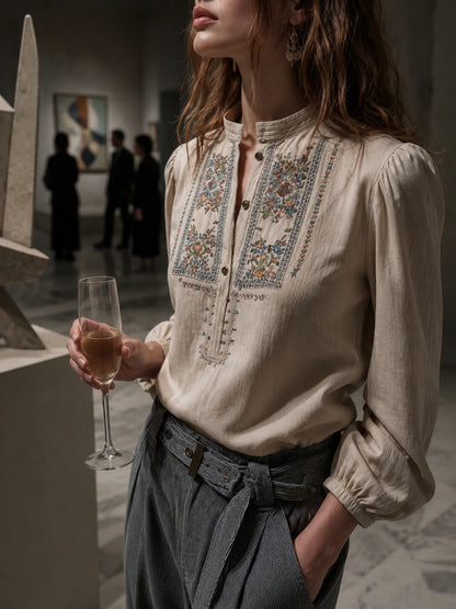 Vintage Embroidered Boho Linen Blouse