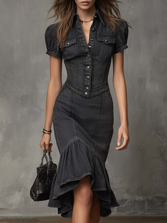 Retro Flare Hem Short-sleeved Denim Midi Dress