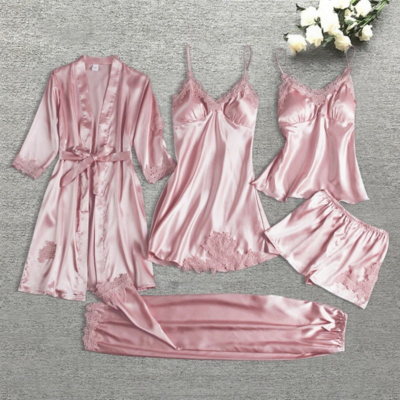 5pcs Suit Ladies Sexy Silk Satin Pajamas Set