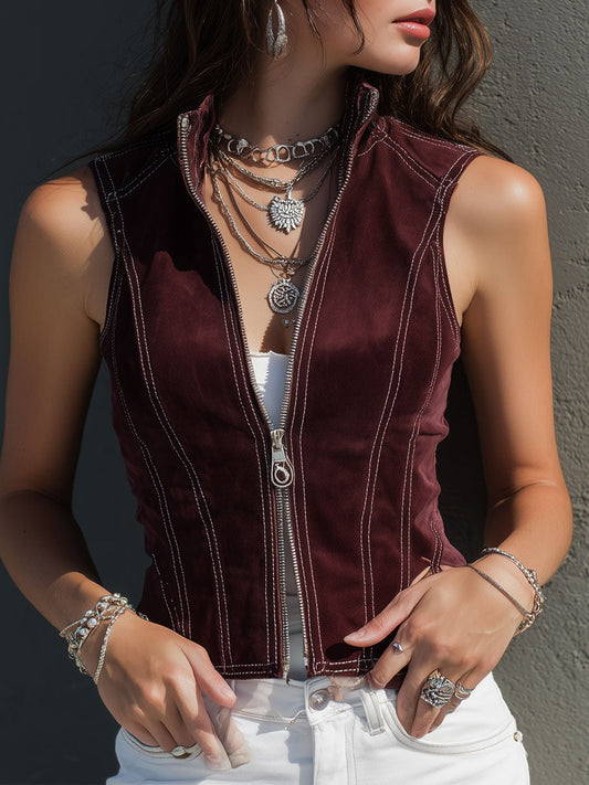 Stand Collar Front Zip Topstitched Vest