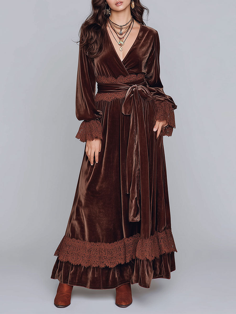 Retro Gold Velvet Lace Splicing Maxi Dress With Belt