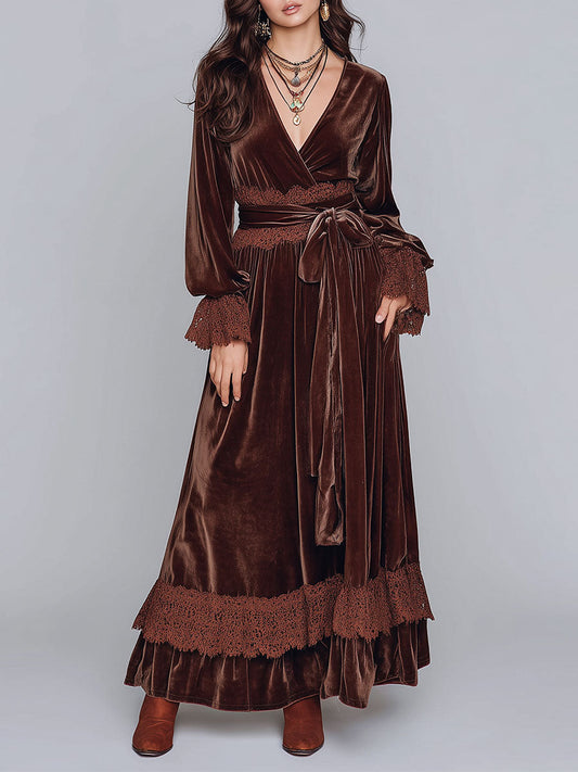 Retro Gold Velvet Lace Splicing Maxi Dress With Belt