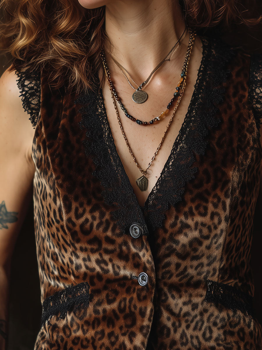 Vintage Leopard Print Lace Patchwork Slim Vest