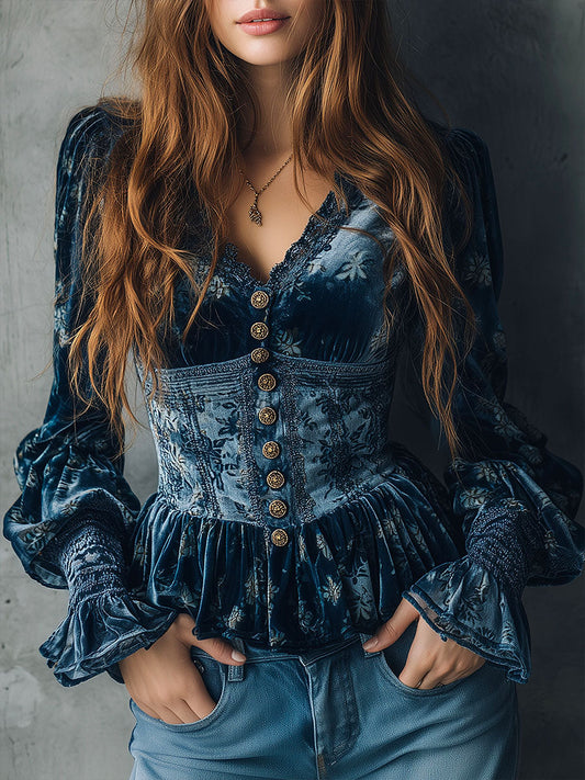 Vintage Blue Velvet Floral Print Corset Style Blouse
