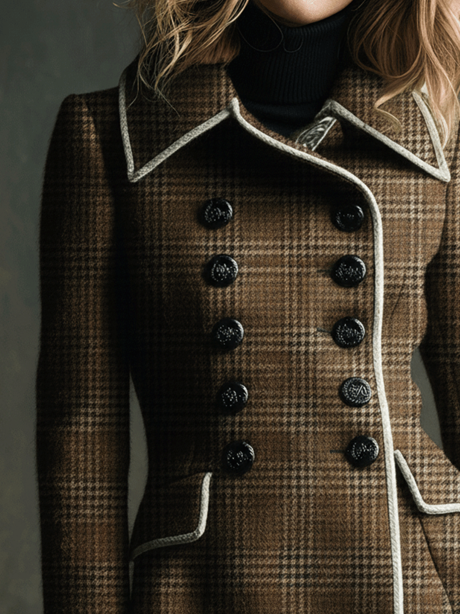 Chic Brown Double-breasted Check Wool Jacket