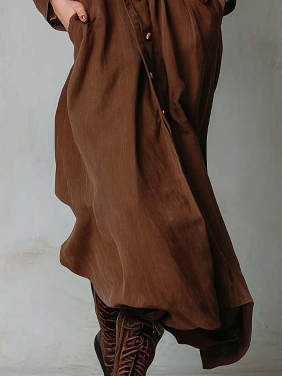 Vintage Casual Cotton Reddish Brown Long Workwear Lapel Dress
