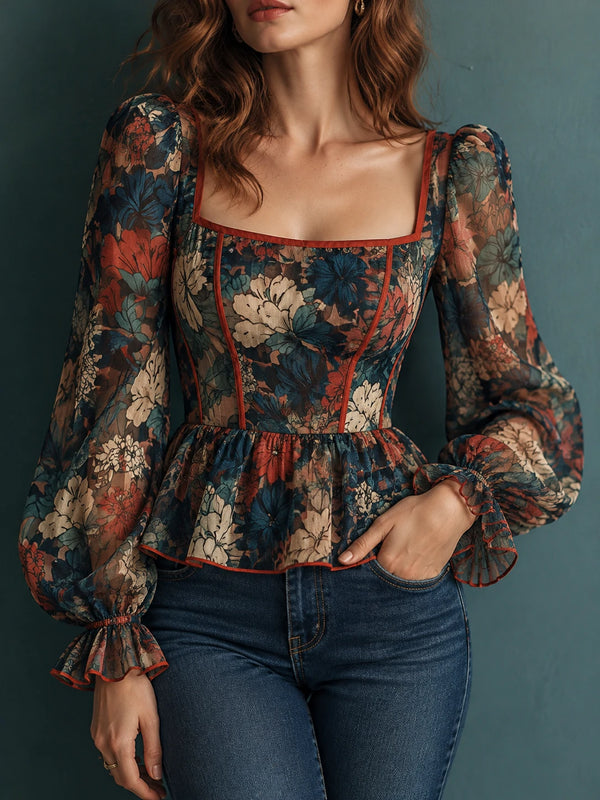 Navy Floral Contrast-Trim Peplum Blouse