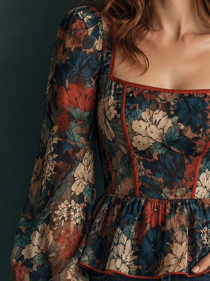 Navy Floral Contrast-Trim Peplum Blouse