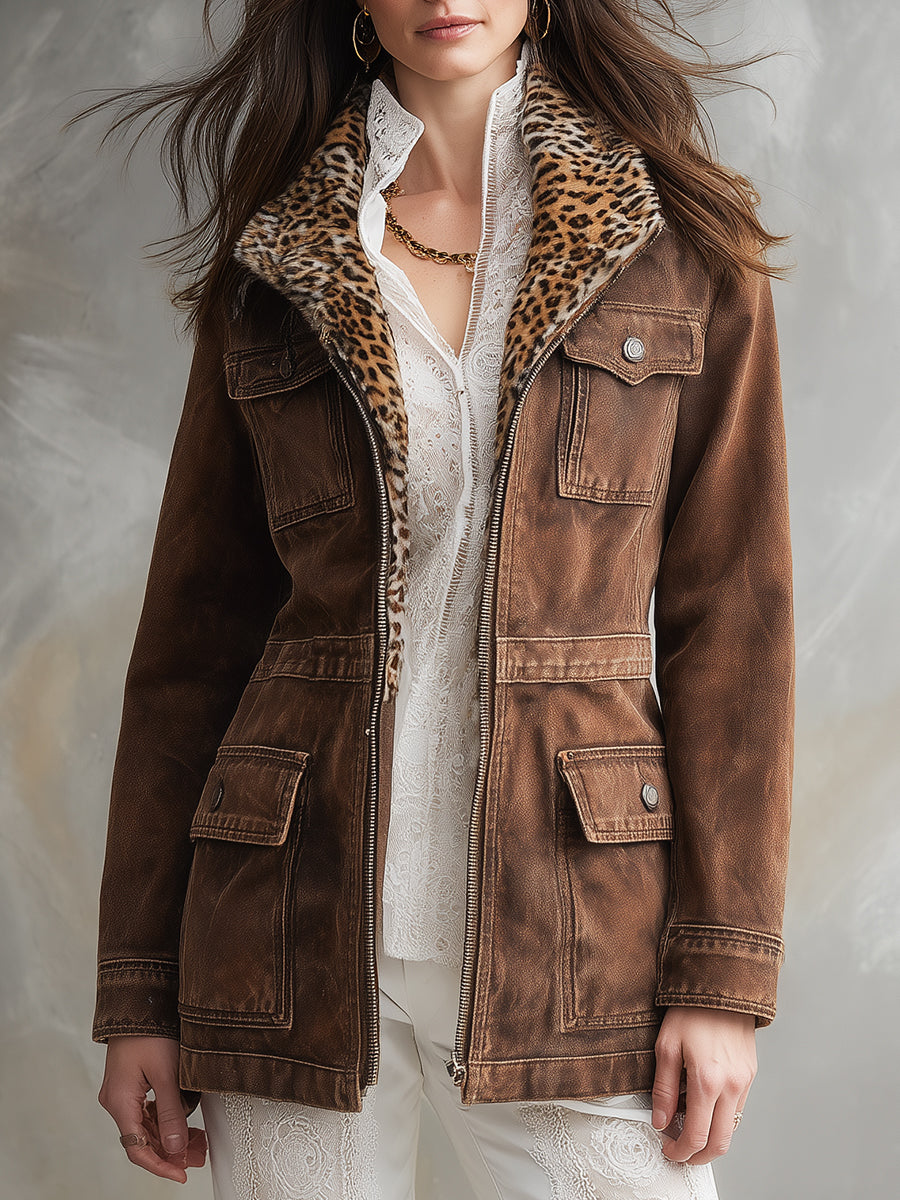 Bohemian Detachable Faux Fur Collar Washed Denim Jacket