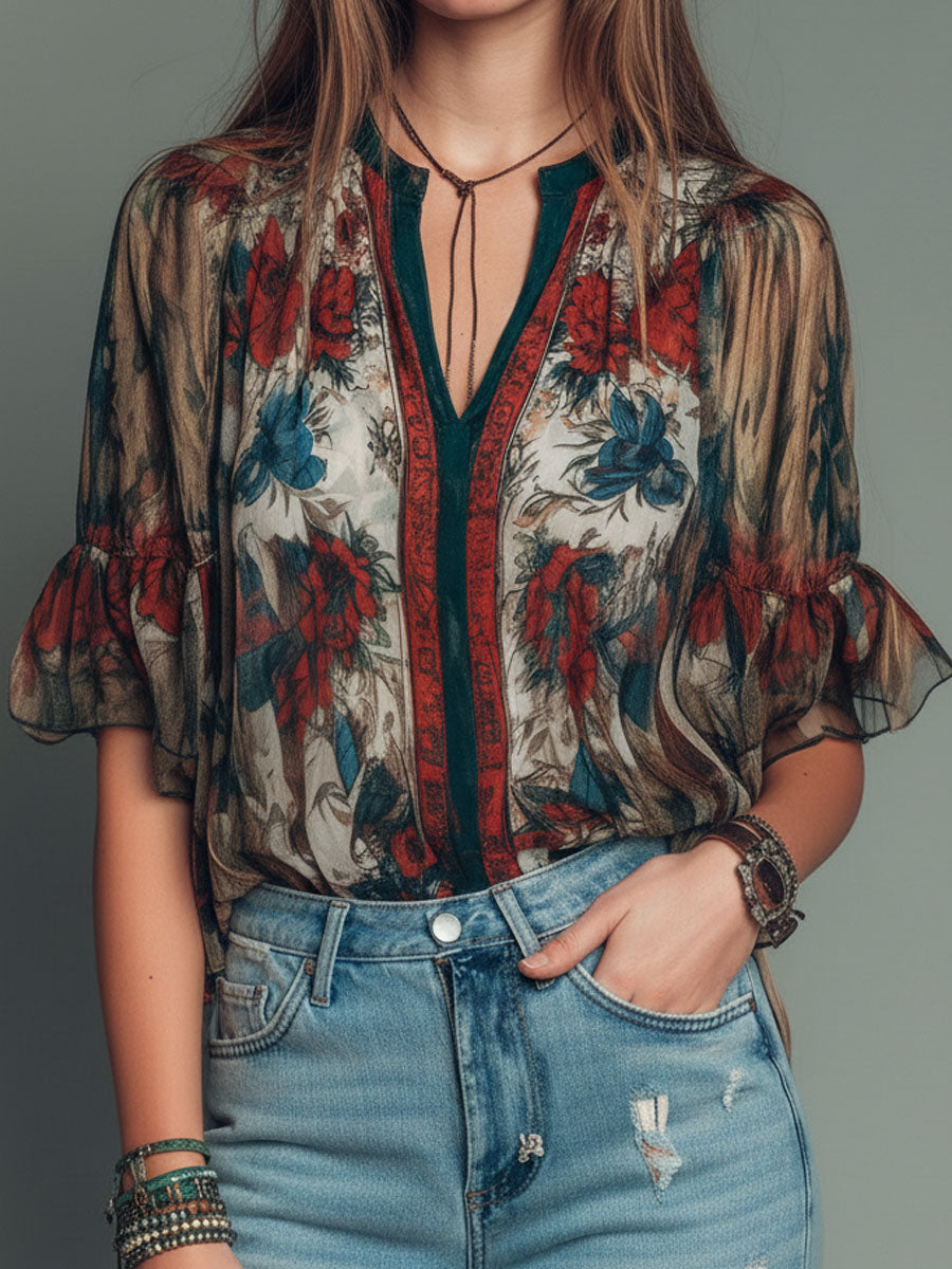 Bohemian V-Neck Sheer Floral Ruffle Sleeves Blouse