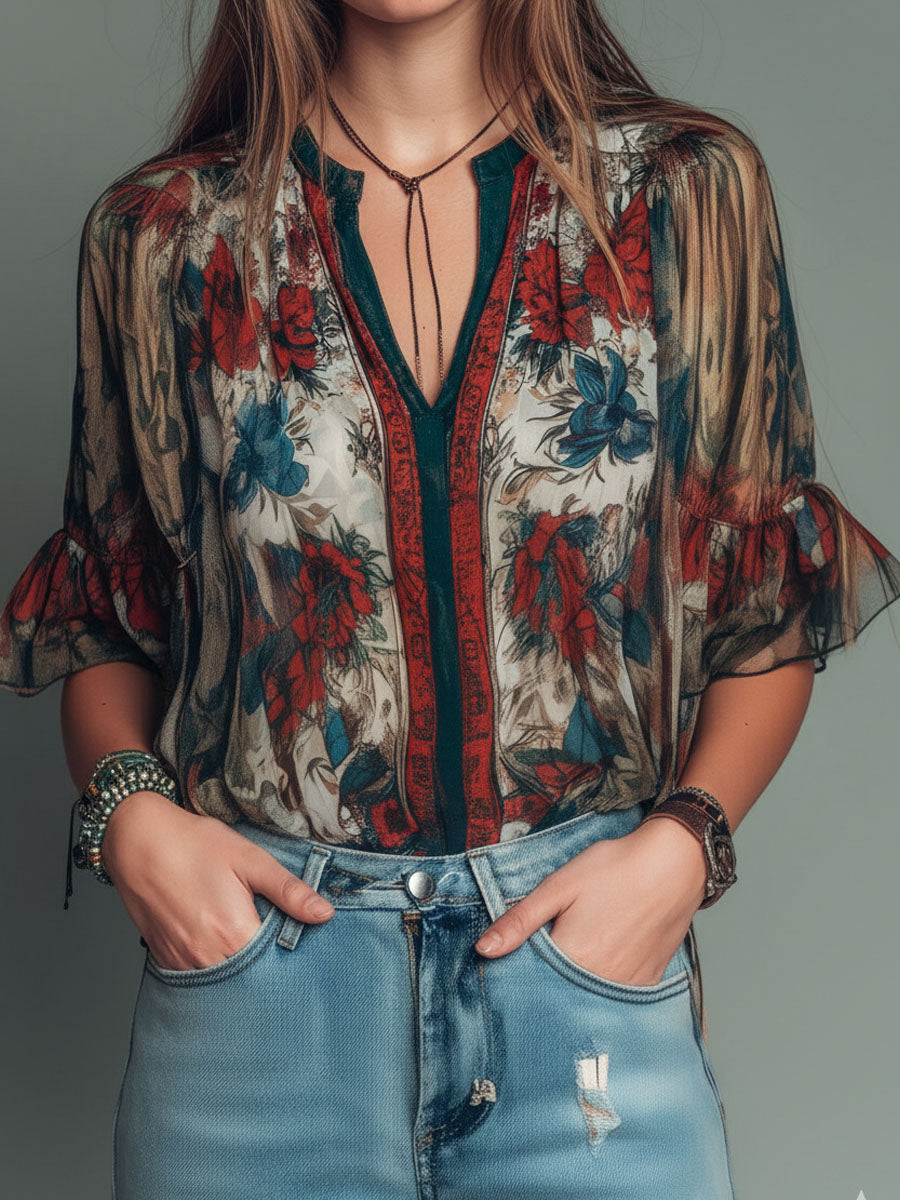 Bohemian V-Neck Sheer Floral Ruffle Sleeves Blouse