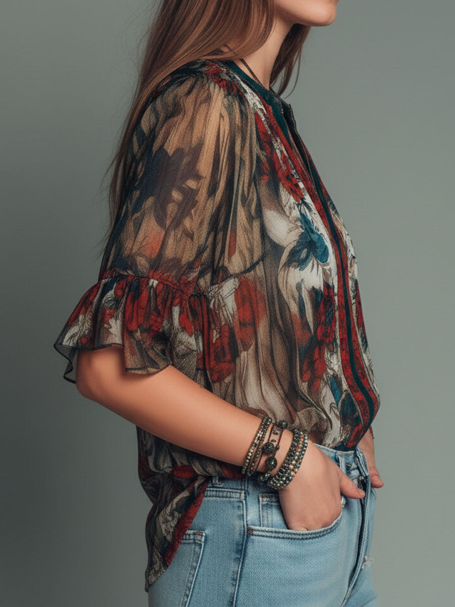 Bohemian V-Neck Sheer Floral Ruffle Sleeves Blouse