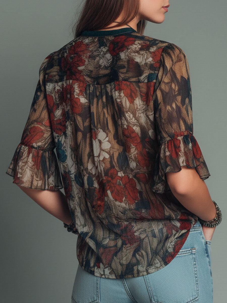Bohemian V-Neck Sheer Floral Ruffle Sleeves Blouse