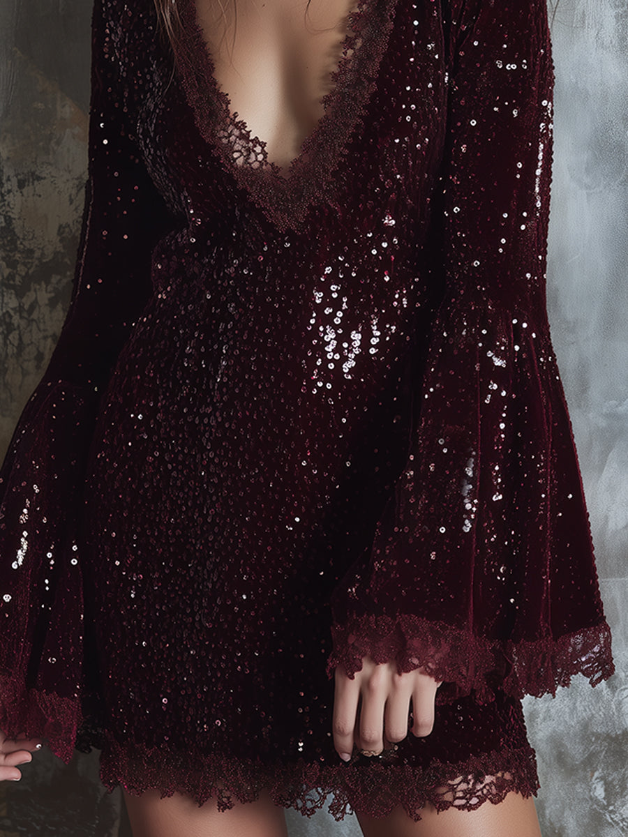 Quiet Luxury Party Sequined Lace Trumpet Sleeve Mini Dress