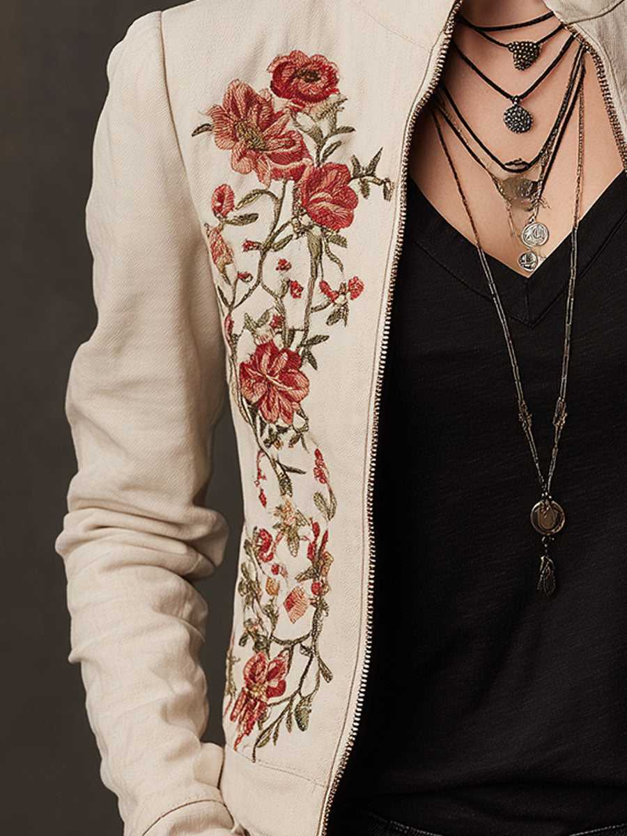 Retro Stand Collar Floral Embroidered Front Zipper Cropped Jacket