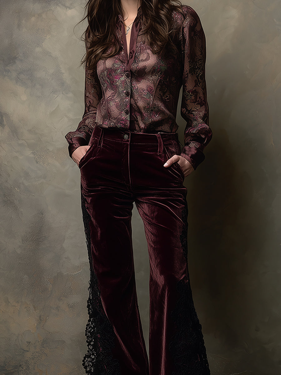 Retro Printed Satin Front Seam Patchwork Blouse