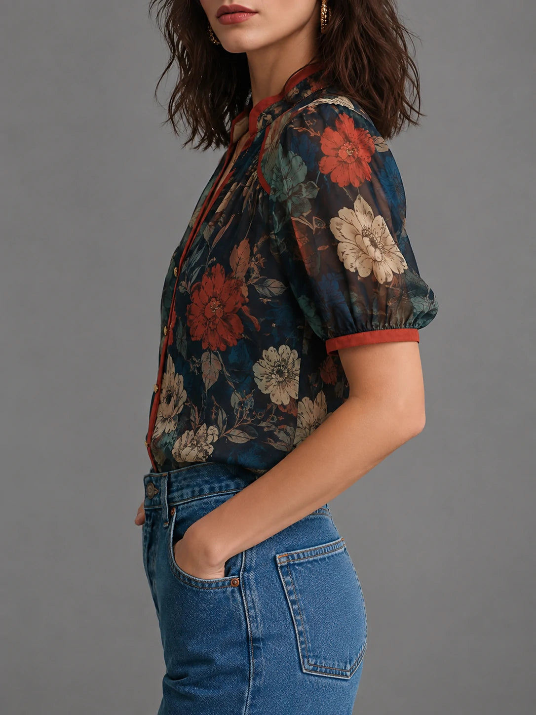 Vintage Botanical Puff Sleeve Blouse