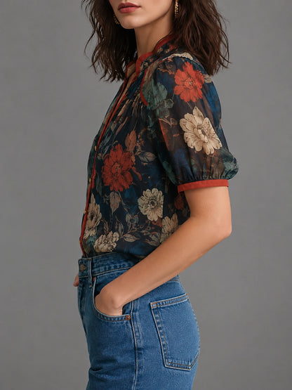 Vintage Botanical Puff Sleeve Blouse