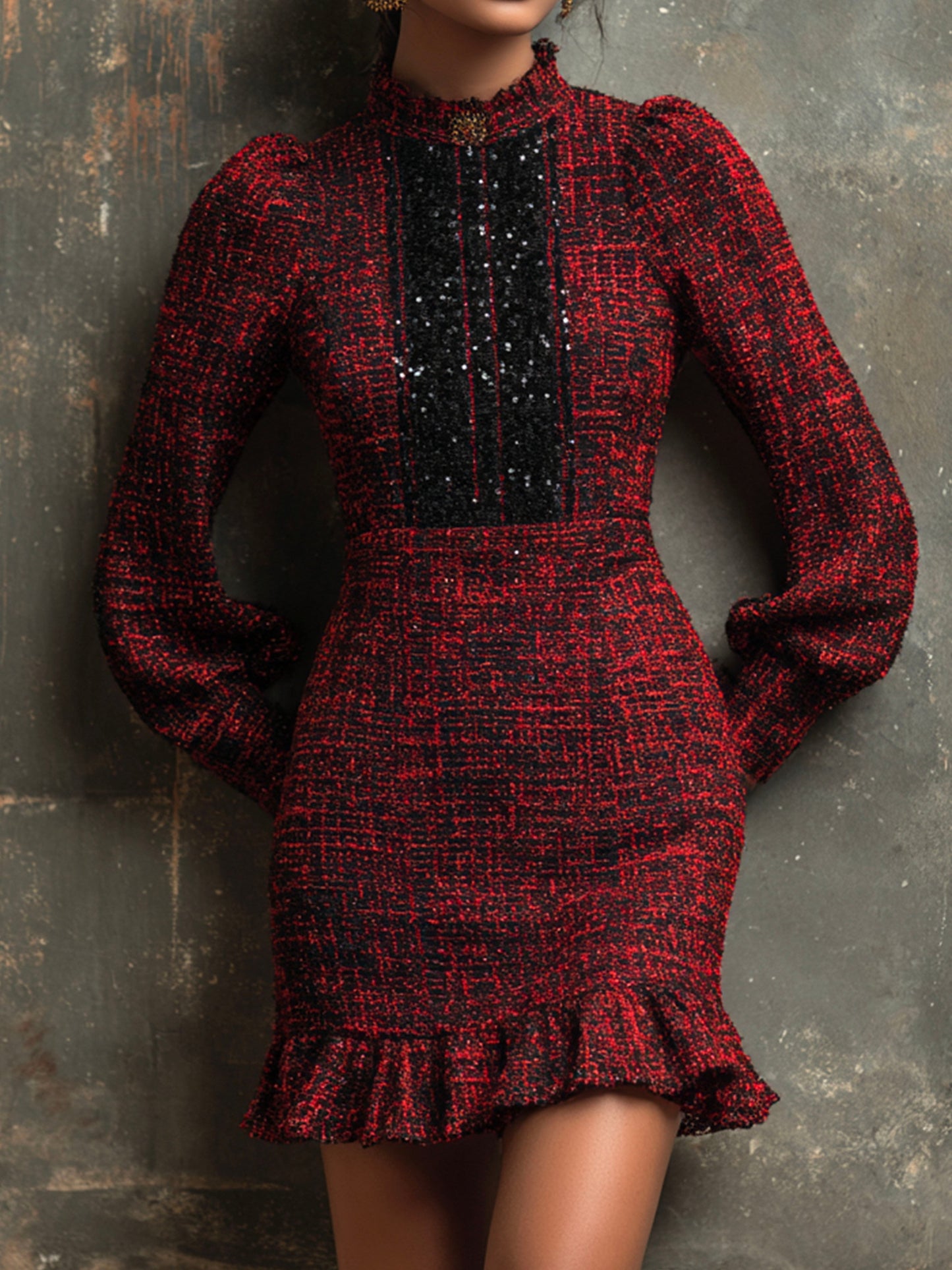 Elegant Red And Black Tweed Sequin Panel Mini Dress WithRuffled Hem