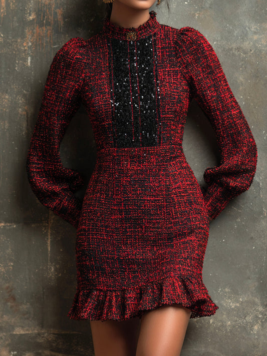 Elegant Red And Black Tweed Sequin Panel Mini Dress WithRuffled Hem