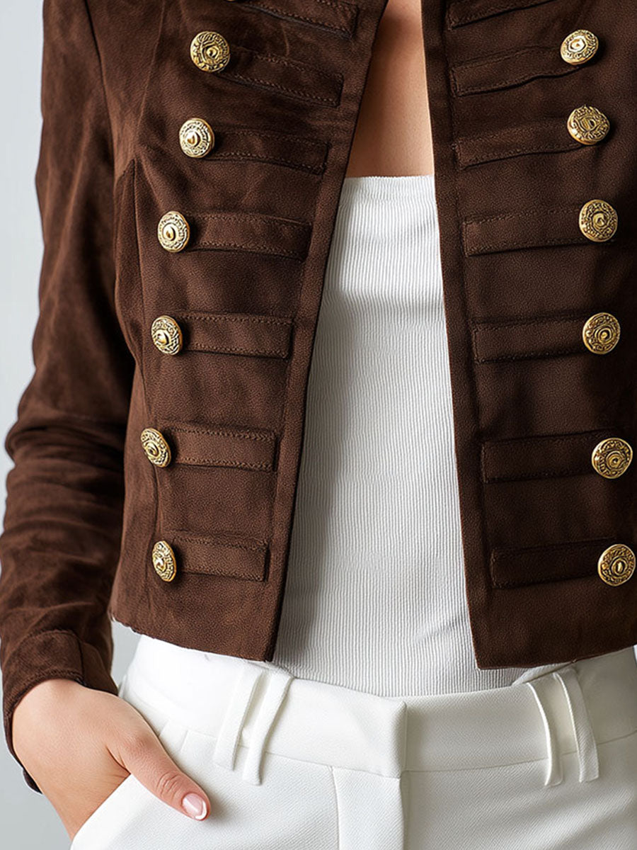 Vintage Military-Style Cropped Suede Jacket With Gold Buttons