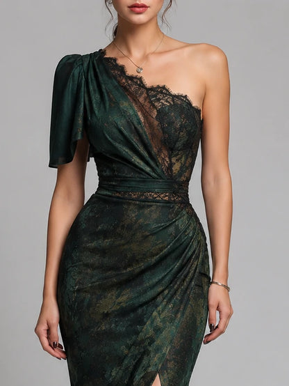 Emerald Jacquard One-Shoulder Lace Trim Gown
