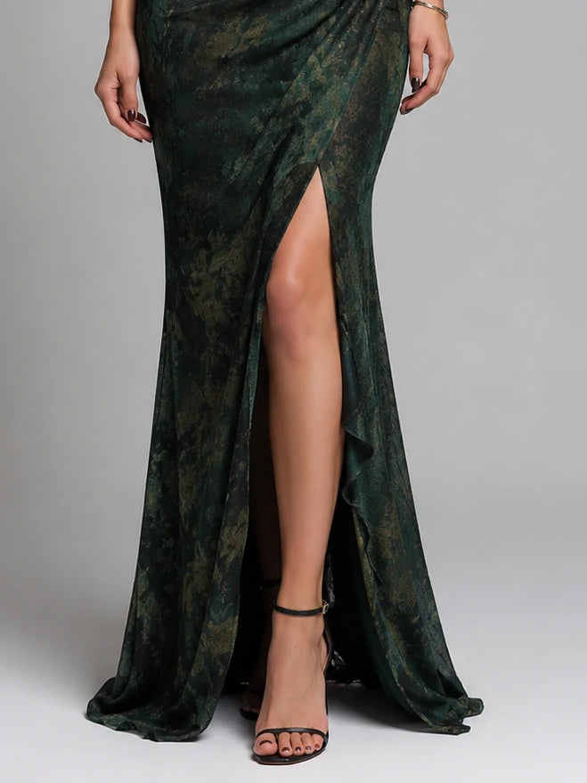 Emerald Jacquard One-Shoulder Lace Trim Gown