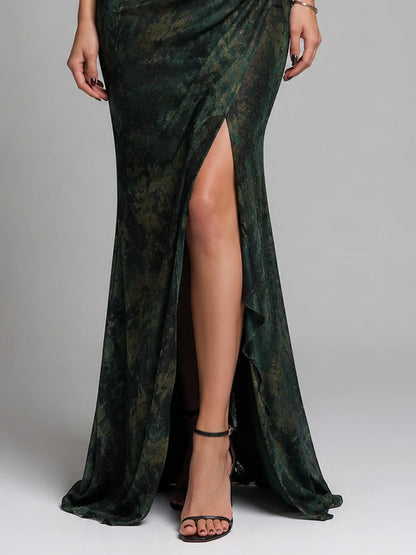 Emerald Jacquard One-Shoulder Lace Trim Gown