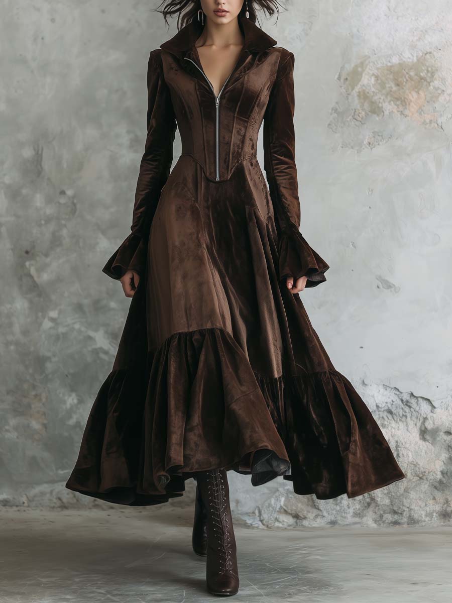 Chocolate Velvet Zip-Front Maxi Dress