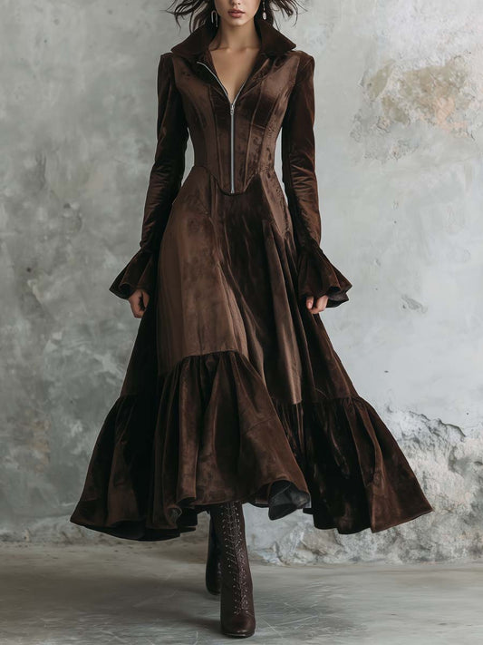 Chocolate Velvet Zip-Front Maxi Dress