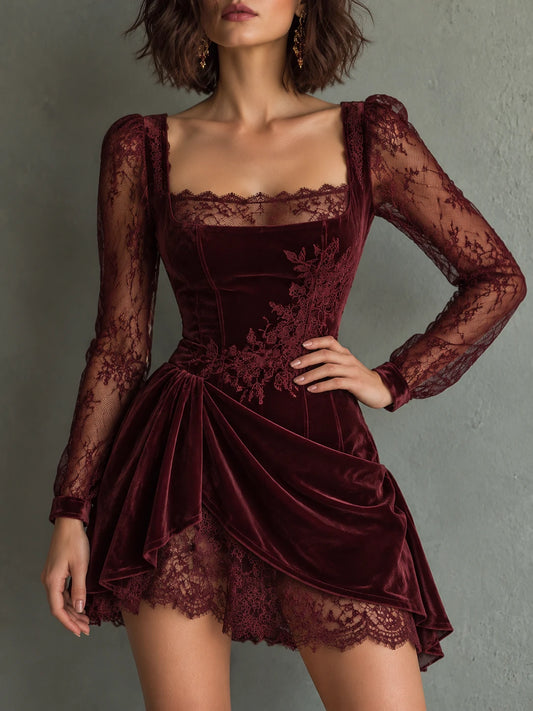 Burgundy Lace-Sleeve Draped Mini Dress