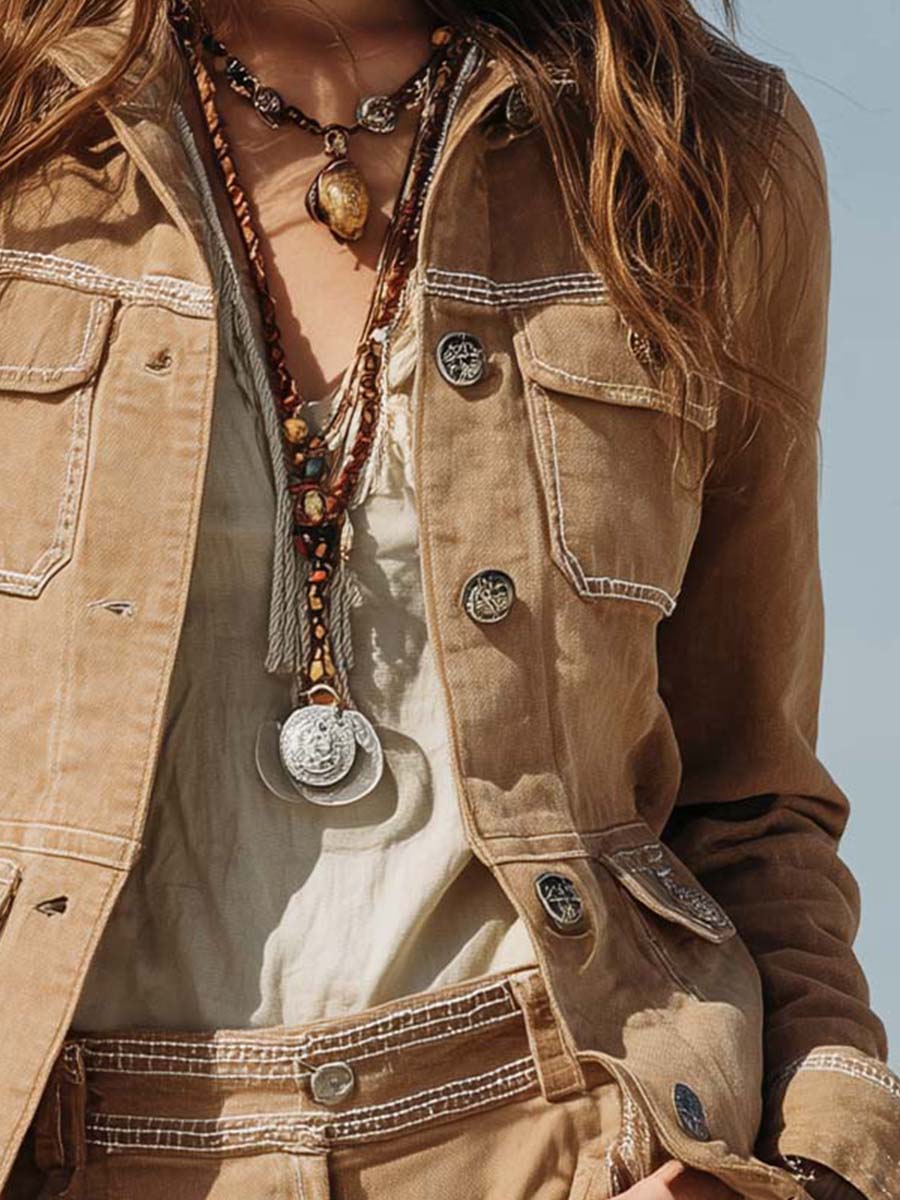 Sand Beige Washed Twill Western Jacket With Contrasting Stitching