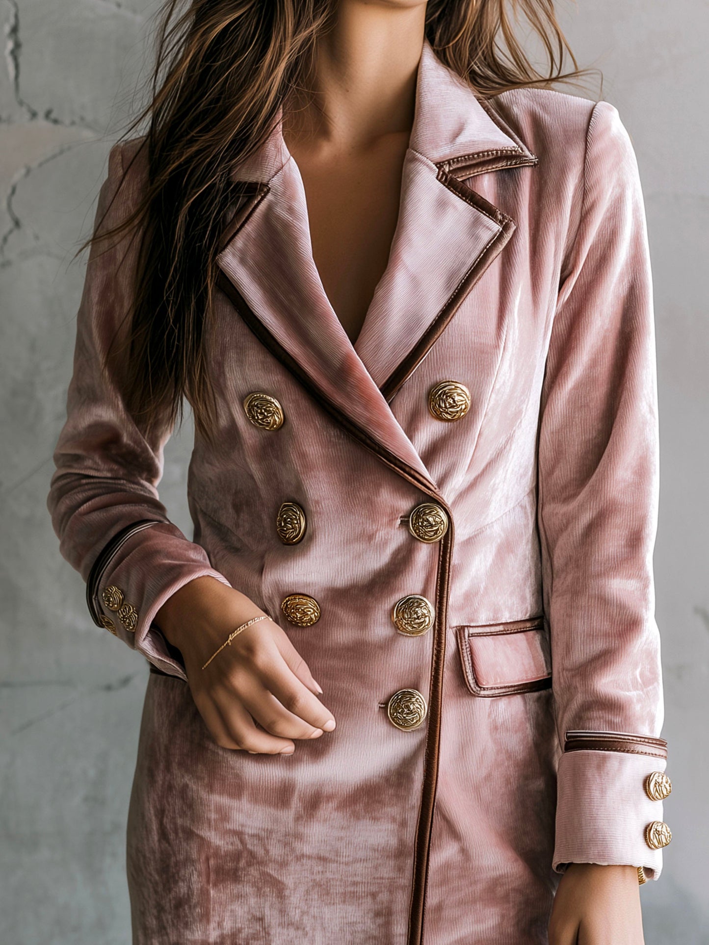 Elegant Dusty Pink Double-Breasted Velvet Blazer Dress