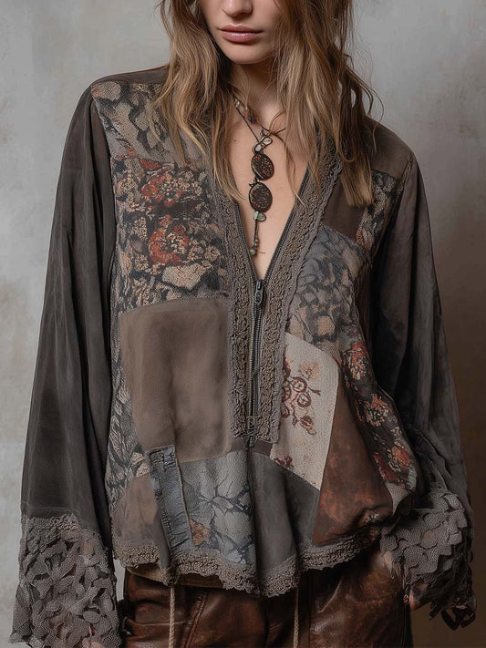 Bohemian Patchwork Eco-Suede Top With Vintage Floral Prints