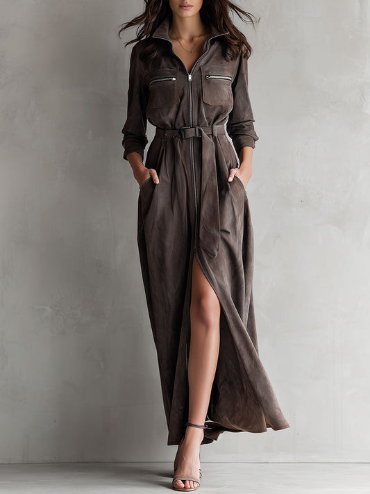 Utility Taupe Eco Suede Zipper Belted Maxi Dress