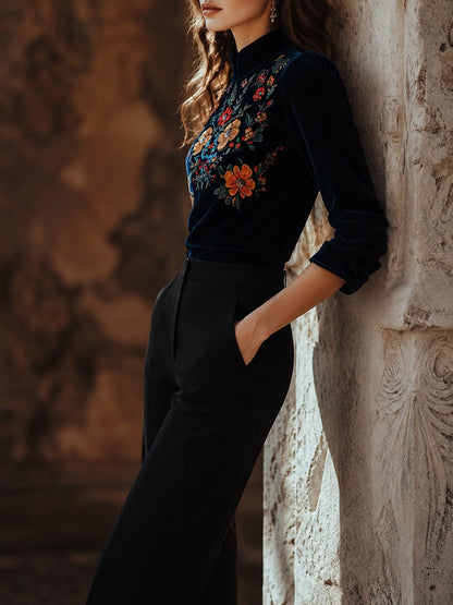 Elegant Stand Collar Embroidery Velvet Long Sleeves Top