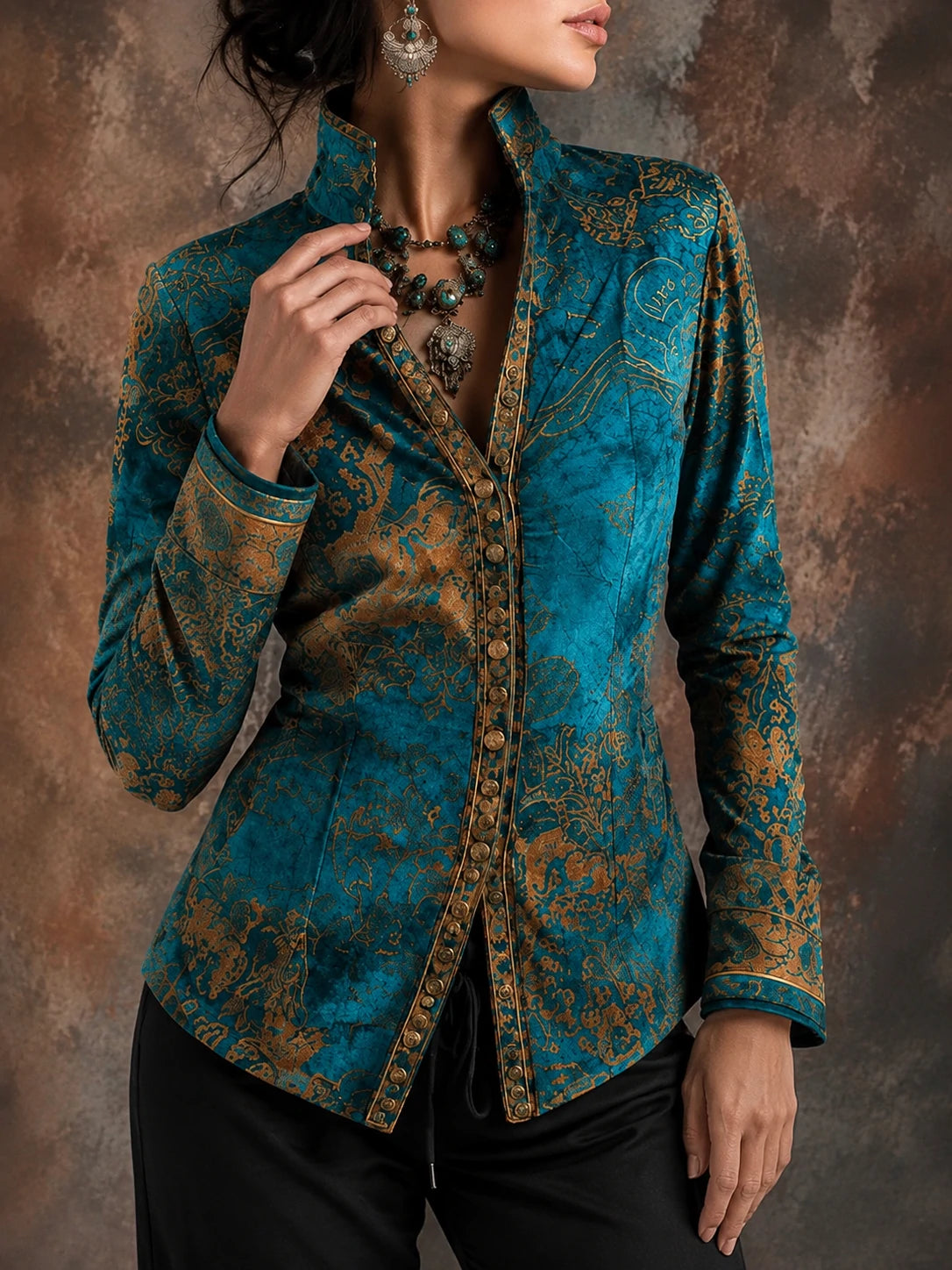 Boho Chic Vintage Peacock Blue Velvet Golden Print Fit Blouse