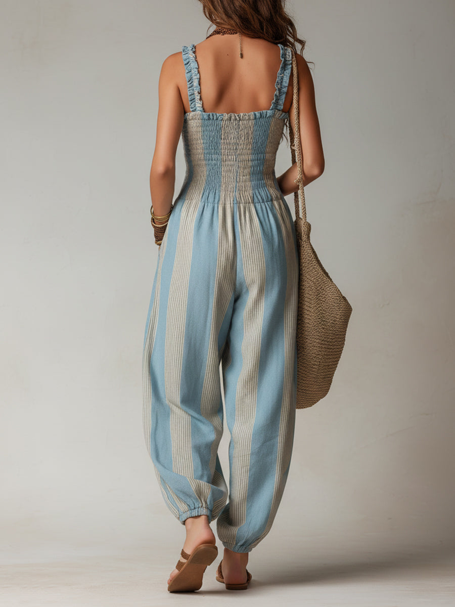 Striped Smocked Ruffled Straps Balloon Jumpsuit