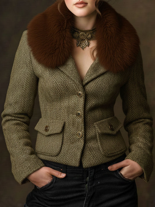 Vintage Olive Herringbone Tweed Blazer Jacket With Eco Fur Collar