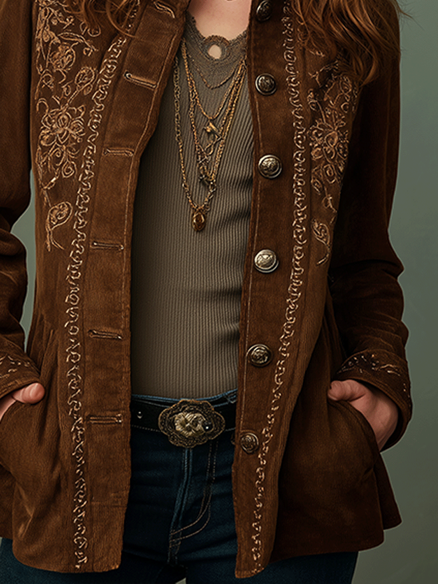 Casual Chocolate Suede Bohemian Embroidered Jacket