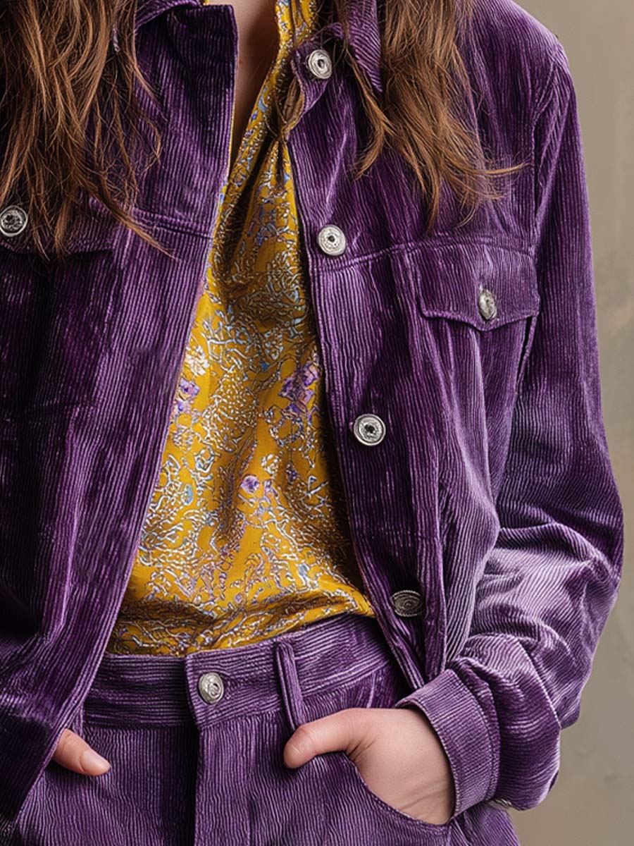 Retro Button-Up Velvet Shirt Jacket